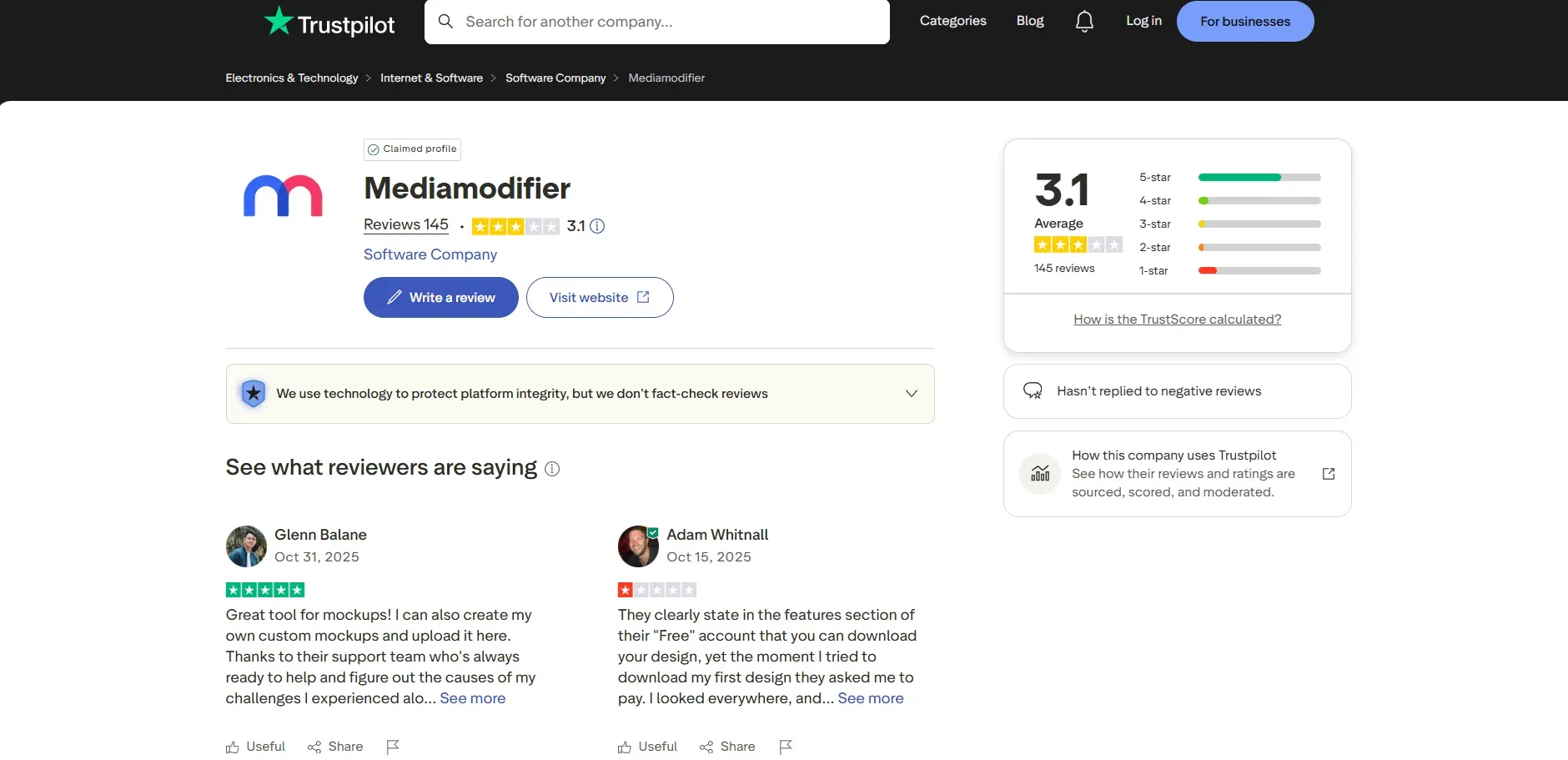 Trustpilot page showing MediaModifier reviews with 3.1 average rating and customer feedback.